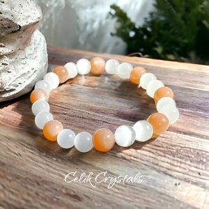 Sunstone & White Cat Eye Bracelet 8mm Natural Stones Unisex Healing Bracelet